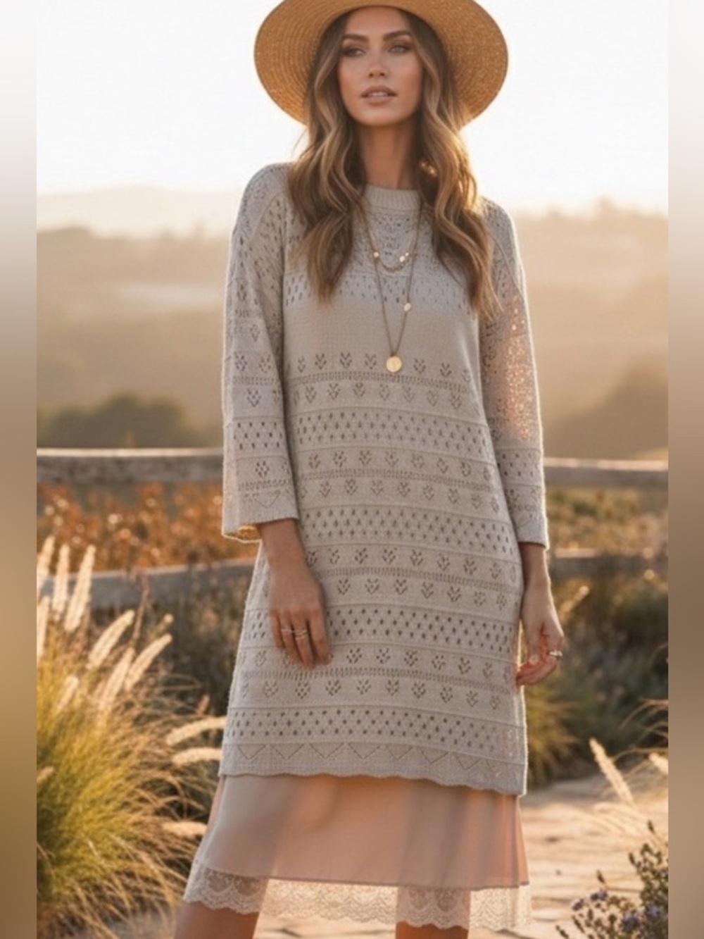 Sacred Threads Boho Open Knit Sweater Dress Cream OS (Fits M/L)